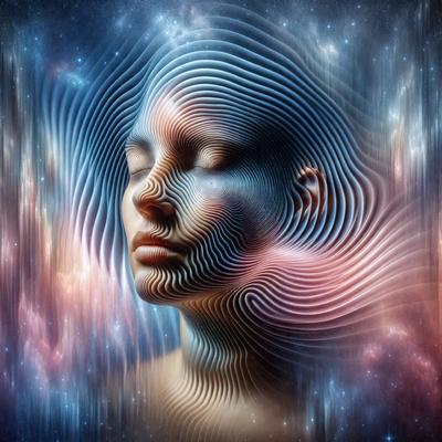 The primary subject of the image is a woman's face, which is the main focus of the image. The setting is a space-themed background, with a starry sky visible in the background. The visual style is a digital art or illustration, as the woman's face is depicted in a unique and artistic manner. The colors and mood of the image are predominantly blue and purple, creating a serene and calming atmosphere.